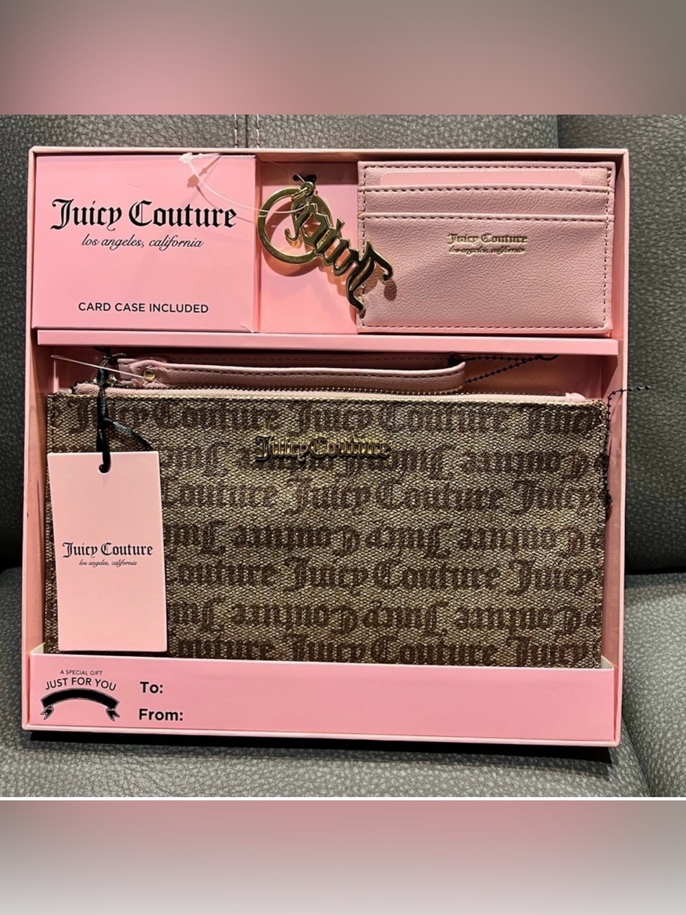 Juicy Couture Pink Card Case and Brown Logo Wristlet Set